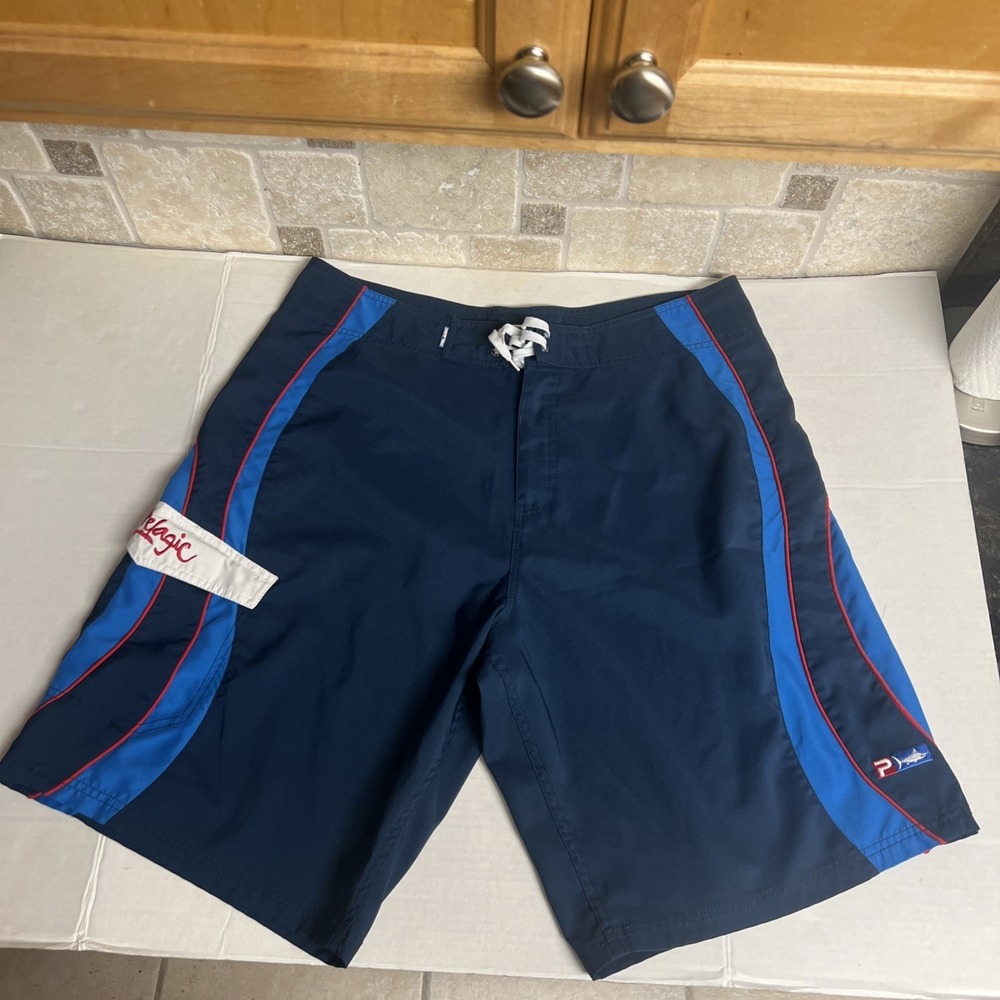 Pelagic Boardshorts Mens 38 Blue Spellout Performance Swim Trunks Beach